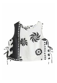Crno-bijeli bezrukavni crop top s cvjetnim i spiralnim uzorcima, s bočnim vezovima i okruglim izrezom. Izrađen od laganog materijala.