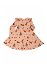 Pitkähihaista mekkoa pehmeästä vaaleanpunaisesta kankaasta, jossa on lehmä- ja pyöräprintti. Ominaisuuksiin kuuluu frillitetyt olkapääkoristeet, flare-mekko ja sileä pinta.