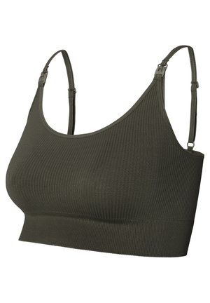 Olijfgroene geribbelde bralette met verstelbare bandjes en een brede band. De stof lijkt zacht en gestructureerd, ontworpen voor comfort en ondersteuning.