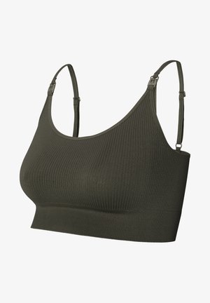 Bralette côtelé vert olive avec bretelles réglables et une large bande. Le tissu semble doux et texturé, conçu pour le confort et le soutien.