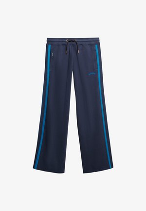 Navy wide-leg sweatpants with blue side stripes, drawstring waist, side pockets, and small "Superdry" logo on left thigh.