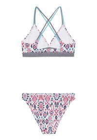 Bikini sæt med en mønstret bralette med krydsede stropper og stribet bånd, matchet med bikini bund i et geometrisk print.
