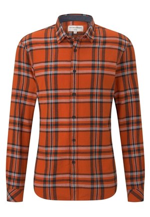 Oranje geruite shirt met lange mouwen, een button-down kraag en een mix van zwarte en witte strepen in het patroon. Gemaakt van katoen.