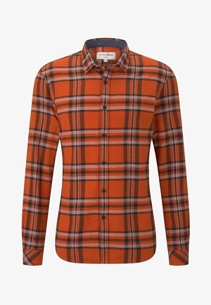 Orange karierter Hemd mit langen Ärmeln, einem Button-Down-Kragen und einer Mischung aus schwarzen und weißen Streifen im Muster. Aus Baumwollmaterial.