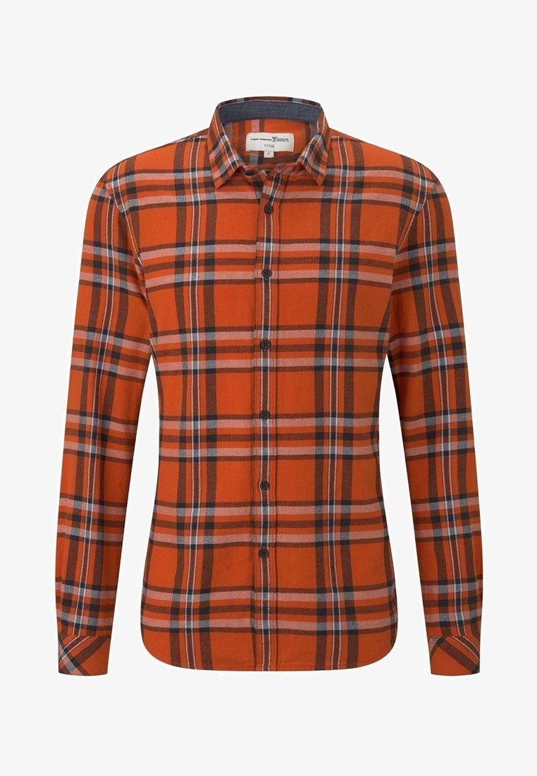 Oranje geruite shirt met lange mouwen, een button-down kraag en een mix van zwarte en witte strepen in het patroon. Gemaakt van katoen.