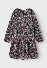 Lillelillekleit pikkade varrukatega, tumedal taustal, millel on roosad, valged ja rohelised lillemustrid. Kogutud talje ja võtmeaugu selja sulgemine.