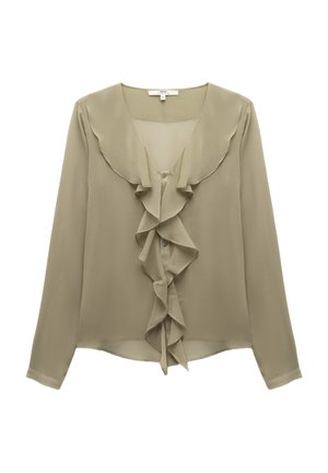 Jasno oliwkowa bluzka, długie rękawy, falbany z przodu, miękka faktura, zapięcie na guziki oraz dekolt w falbany.