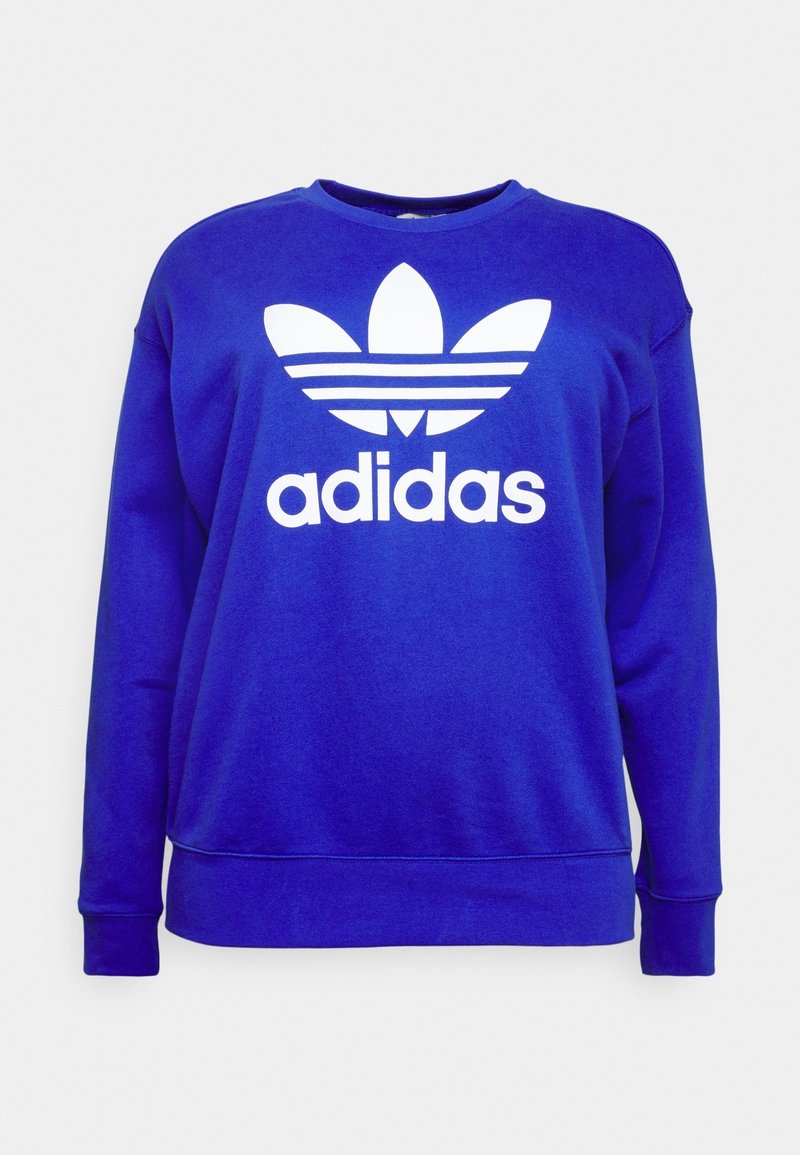 Sweatshirt bleu en mélange de coton, arborant un grand logo Adidas blanc et un design à trois bandes sur le devant. Encolure ronde et poignets côtelés.