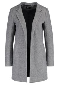Abrigo gris de longitud media con un acabado texturizado, solapas muesca y cierre de un solo botón. Frente abierto con mangas largas, interior sin forro.