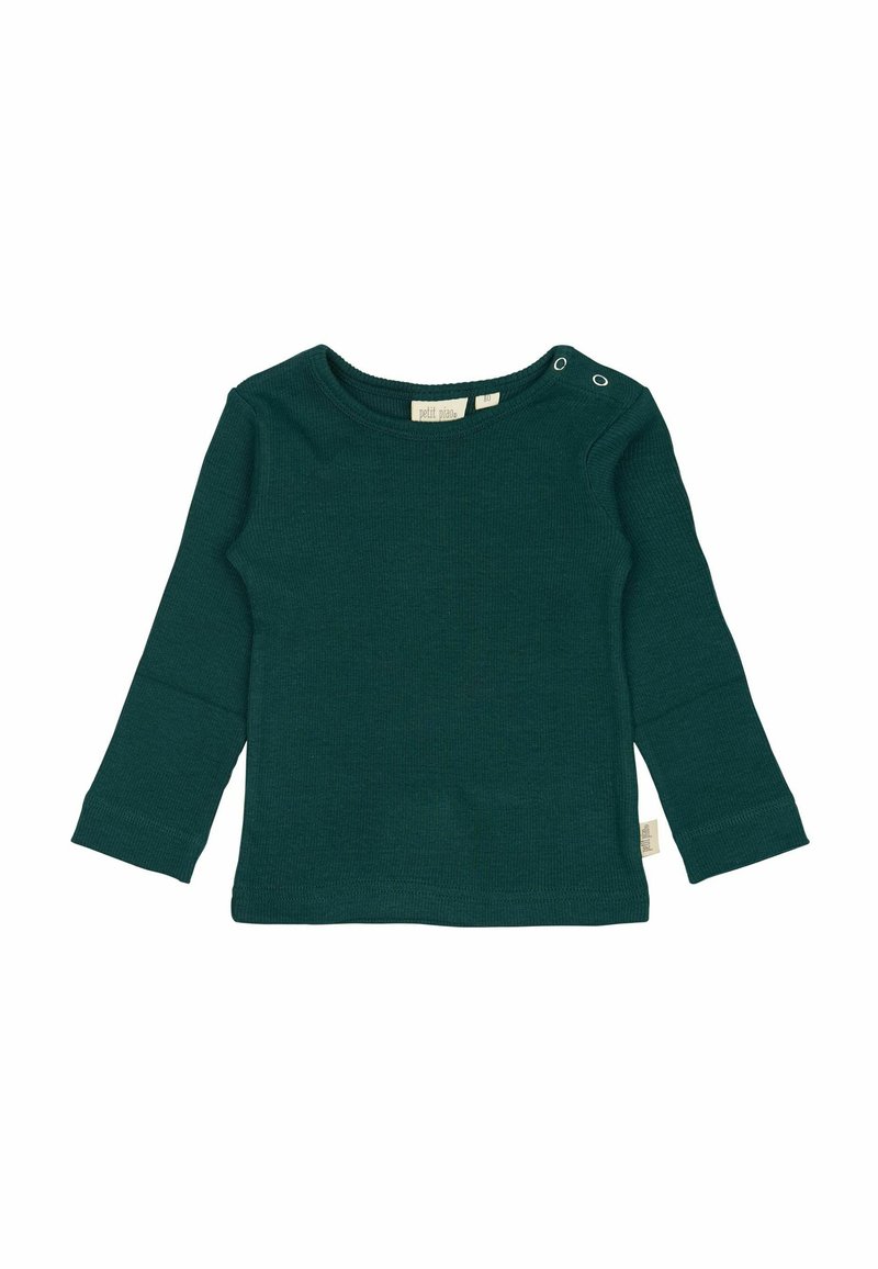 Maglietta verde a maniche lunghe in maglia con scollo rotondo, tessuto testurizzato e dettaglio con bottoni a pressione sulla spalla. Design semplice con etichetta.