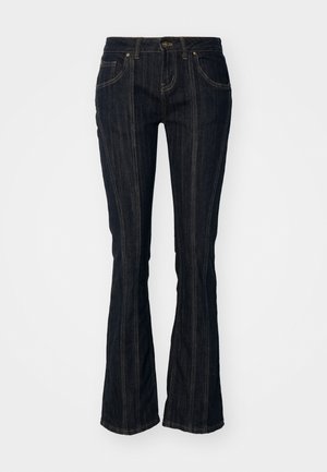 Mørkeblå denim flared jeans med høyt liv, fem lommer og dobbel søm langs benkonturene. Jeansen har en glatt tekstur og et klassisk design.