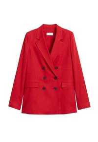 Blazer rouge croisé avec boutons noirs, revers crantés, manches longues et deux poches avant à rabat.