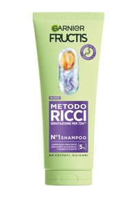 Tubetto verde di shampoo Garnier Fructis, con un design a capsule trasparente e multicolore. Il testo include "Metodo Ricci" e "Shampoo n. 1" in grassetto viola.