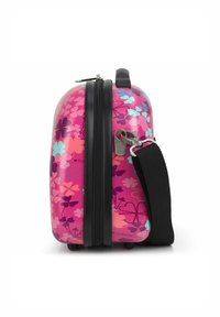 Hard-shell case in pink with floral patterns in purple, blue, and white. Features a black zipper, side handle, and adjustable strap.