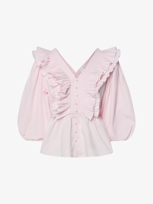 Pink bomuldsbluse med en dyb V-udskæring, rynkede detaljer langs kroppen og voluminøse puffede ærmer med knaplukning.