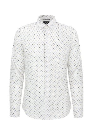Biała koszula zapinana na guziki, w niebieskie, złote i czarne kropki. Długie rękawy, standardowy kołnierzyk i zapięcie na guziki z przodu.