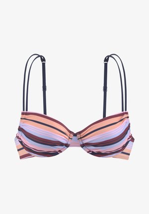 Svītrains bikini tops ar horizontālām zilām, rozā un bordo svītrām, veidotiem kausiem, sānu drapējumu un regulējamiem tumšiem siksniņām.