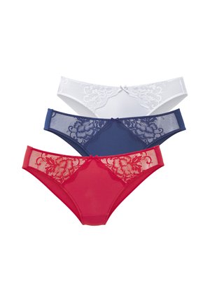 Three lace-trimmed women's bikini briefs in white, navy blue, and red arranged layered on a white background.