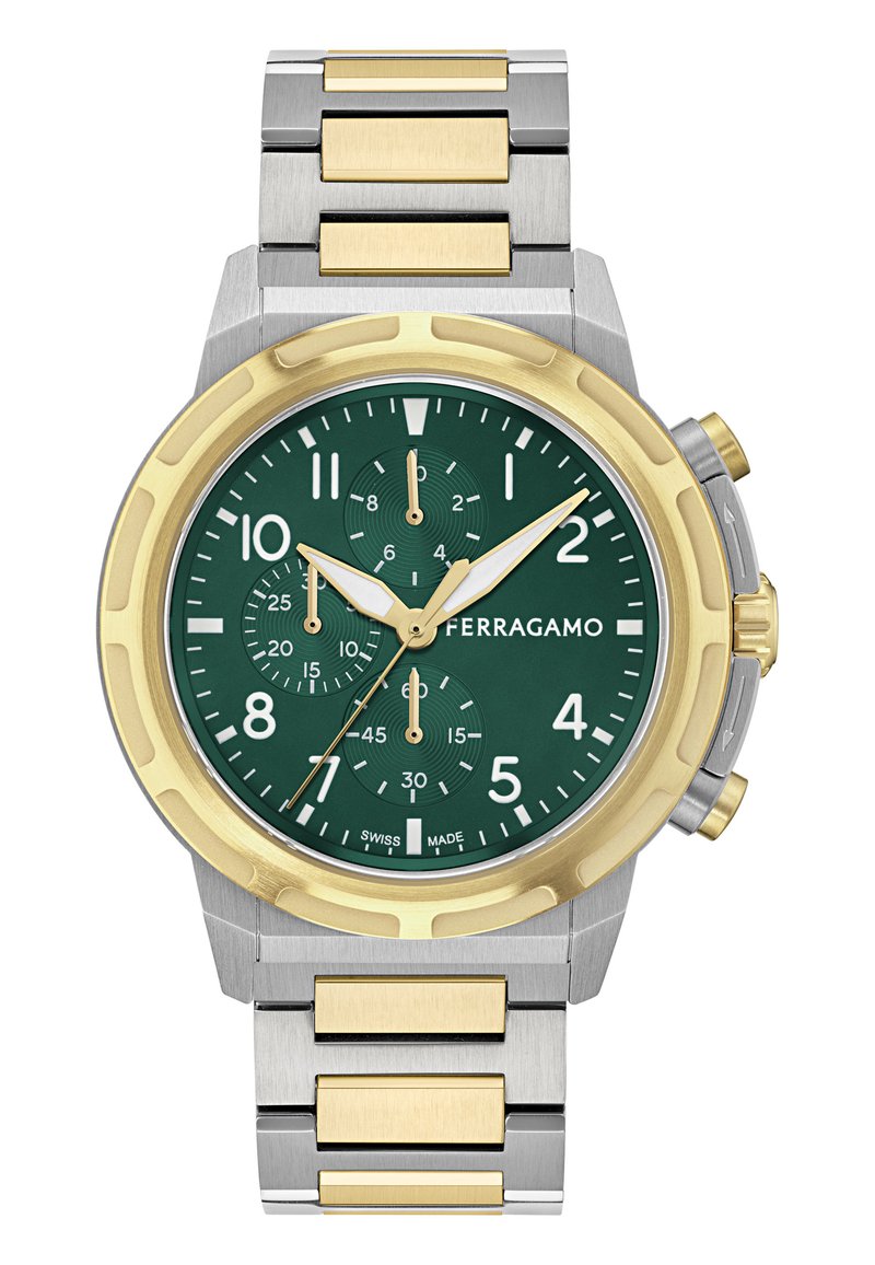 Ferragamo pulkstenis ar zaļu ciparnīcu, sudraba un zelta nerūsējošā tērauda siksniņu, luminozām rādītājiem, hronogrāfa subciparnīcām un zelta apmalēm.