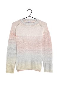 Pull en tricot aux couleurs dégradées : rose pâle, beige et gris. Col et poignets côtelés. Suspendu à un crochet noir.