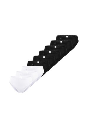 Ensemble de six culottes : trois blanches et trois noires, ornées de dentelle le long de la taille et des ouvertures des jambes, avec une finition en tissu lisse.