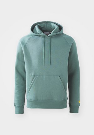 Green cotton hoodie with a kangaroo pocket, drawstring hood, and ribbed cuffs. Features a yellow logo on the left sleeve.