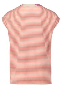 Short-sleeve T-shirt in cream with pink stripes. Features a relaxed fit and a rounded neckline. Smooth cotton texture, ideal for casual wear.