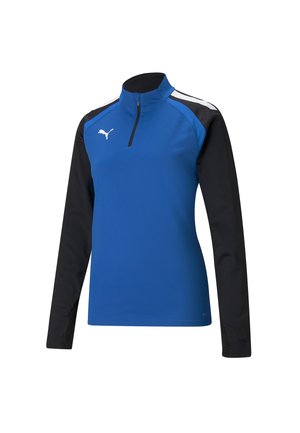 Blaues Sportoberteil mit langen Ärmeln und einem halben Reißverschluss, schwarze Ärmel und weiße Akzente. Mit Puma-Logo auf der Brust und atmungsaktivem Material.