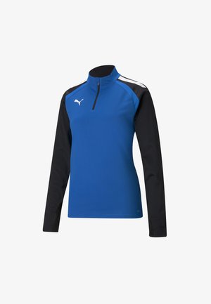 Maglia sportiva blu a maniche lunghe con zip parziale, maniche nere e rifiniture bianche. Presenta il logo Puma sul petto e un tessuto traspirante.