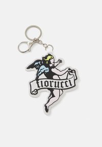 Keychain with a colorful angel graphic, black text on a white banner, attached to a metal clip with a round keyring.