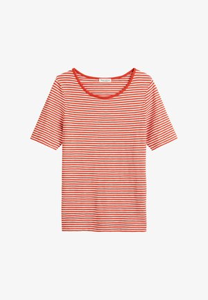 Rot-weißer gestreifter T-Shirt mit kurzen Ärmeln und Rundhalsausschnitt, der eine weiche Textur und eine lässige Passform bietet. Markenetikett im Halsausschnitt sichtbar.