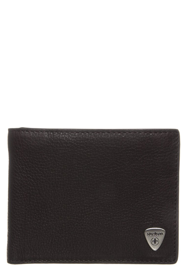 Portafoglio in pelle nera con superficie texturizzata. Presenta un logo in metallo argentato nell'angolo in basso a destra e un design piegato.