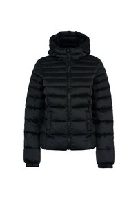 Giacca a vento nera con zip anteriore, cappuccio e polsini elasticizzati. Presenta sezioni trapuntate e una texture liscia e lucida.