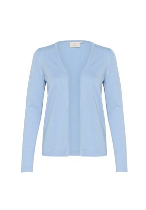 Cardigan tricoté bleu clair avec des manches longues, à l'avant ouvert et à la texture lisse. Présente un motif côtelé subtil le long des bords.