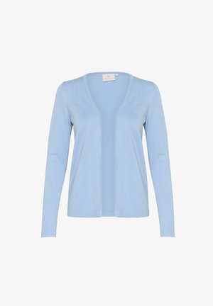 Jasnoniebieski dzianinowy kardigan z długimi rękawami, otwarty z przodu i o gładkiej fakturze. Posiada subtelny ryżowy wzór wzdłuż brzegów.