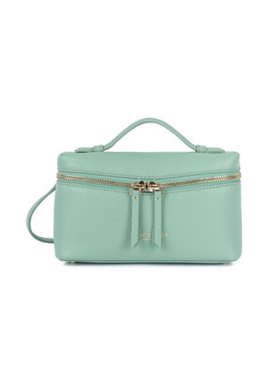 Sac rectangulaire en cuir vert menthe avec poignée supérieure, double fermeture éclair dorée et bandoulière latérale sur fond blanc.