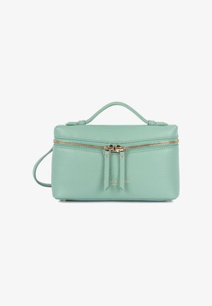Sac rectangulaire en cuir vert menthe avec poignée supérieure, double fermeture éclair dorée et bandoulière latérale sur fond blanc.