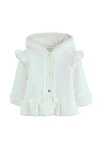 Weißer Strickcardigan mit Kapuze, ausgestattet mit einem Zopfmuster, dekorativen Schleifen und goldenen herzförmigen Knöpfen.