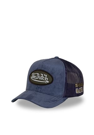 Gorra camionera Von Dutch azul con parte frontal de ante, parte trasera de malla, visera curvada y logotipo bordado en los paneles frontal y laterales.