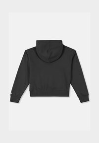 Sudadera corta negra con capucha ajustable, puños y dobladillo acanalados. Textura suave con un diseño simple y un pequeño detalle del logotipo en la manga.