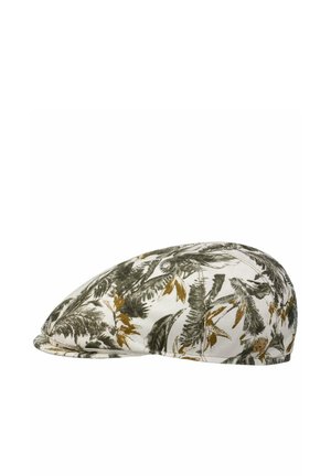 Flat cap with green and brown leaf print pattern on a white background, structured with a short brim.