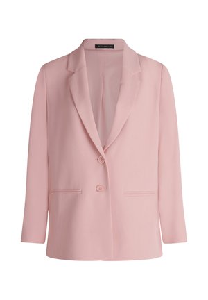 Blazer rose clair pour femme avec revers en pointe, deux boutons sur le devant et deux poches horizontales fendues, présenté sur un fond blanc.