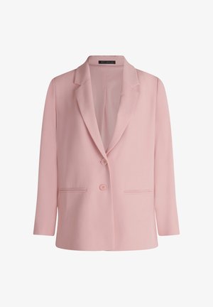 Jasnoróżowy damski żakiet z wyciętymi klapami, dwoma przednimi guzikami i dwiema poziomymi kieszeniami, prezentowany na białym tle.