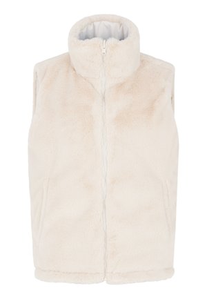 Dirbtinio kailio liemenė kreminės spalvos, be rankovių, su aukštu apykakle, pilnu priekinio užtrauktuko uždarymu, dviem šoninėmis kišenėmis, minkšta tekstūra ir šiek tiek blizgiu paviršiumi.