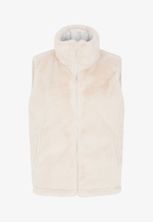 Falošná kožušina vo farbe smotany, bezrukávový dizajn s vysokým golierom, plný predný zips, dve bočné vrecká, mäkká textúra a jemne lesklý povrch.