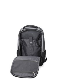 Sac à dos gris avec un dos rembourré, des compartiments zippés et un détail de logo. L'intérieur comprend des poches d'organisation et un câble de chargement.