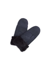 Moufles en daim bleu marine avec un poignet en fausse fourrure noire, présentant un motif de couture à la surface pour ajouter de la texture et un détail de design.