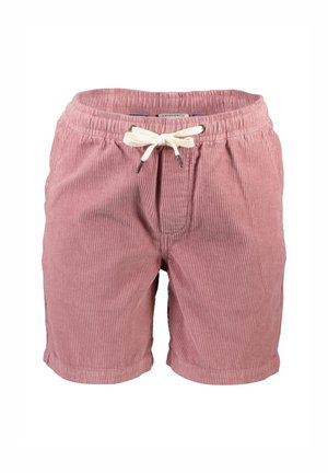 Rosa Cordshorts mit einem elastischen Bund, Kordelzug und dezenten vertikalen Streifen. Weicher Stoff und lässiges Design.