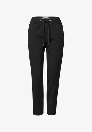 Black jogger pants made of soft fabric, featuring an elastic waistband with an adjustable drawstring and tapered legs for a fitted look.