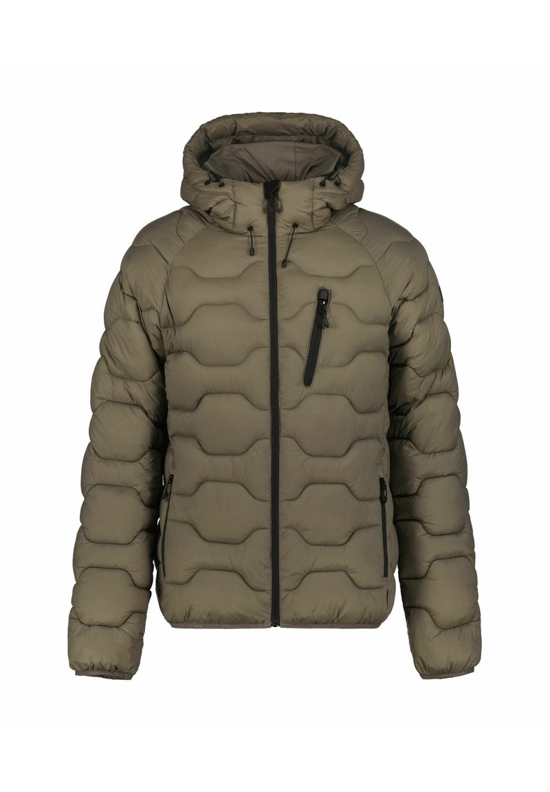 Giacca imbottita verde oliva con cappuccio, caratterizzata da una texture trapuntata, tasca sul petto con zip e zip frontale, progettata per calore e comfort.